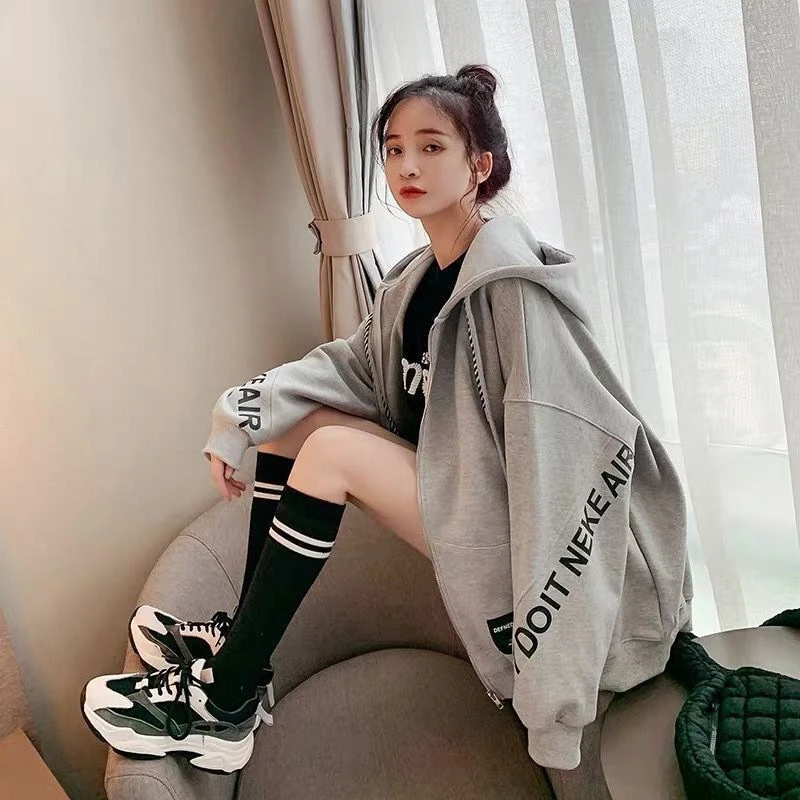 学生拉链外套女春秋薄款连帽休闲加绒设计感字母印花开衫卫衣上衣