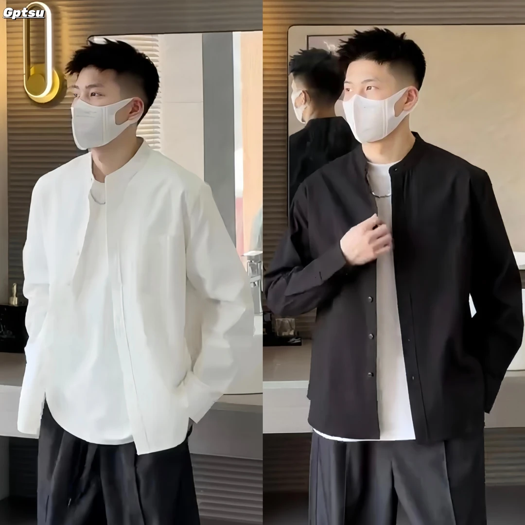 GPTSu春秋新款轻熟风立领衬衫男潮牌高级感宽松简约文艺长袖衬衫