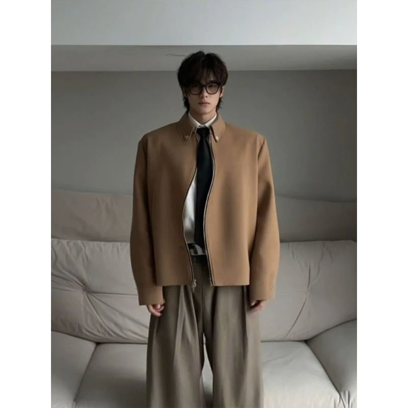 美式cleanfit卡其色短款外套男春秋高级感痞帅S型拉链哈灵顿夹克