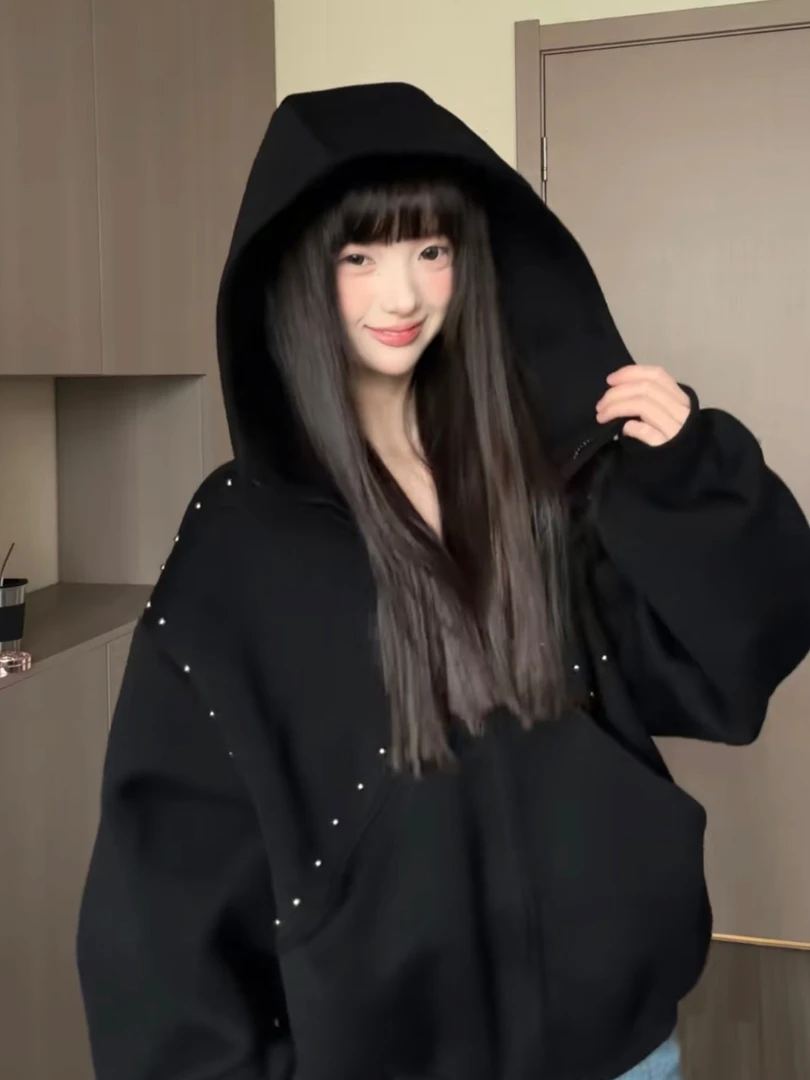 美式复古铆钉高领连帽开衫卫衣女春秋季宽松情侣小众高街拉链外套