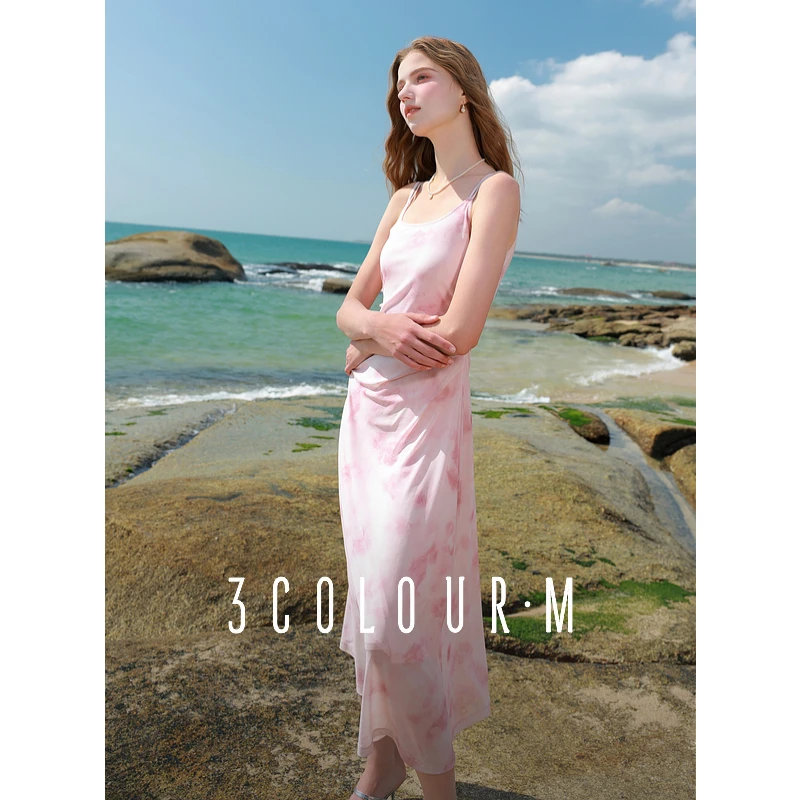 【三彩小樱花】2025夏季新款网纱吊带裙无袖连衣裙印花长裙女M