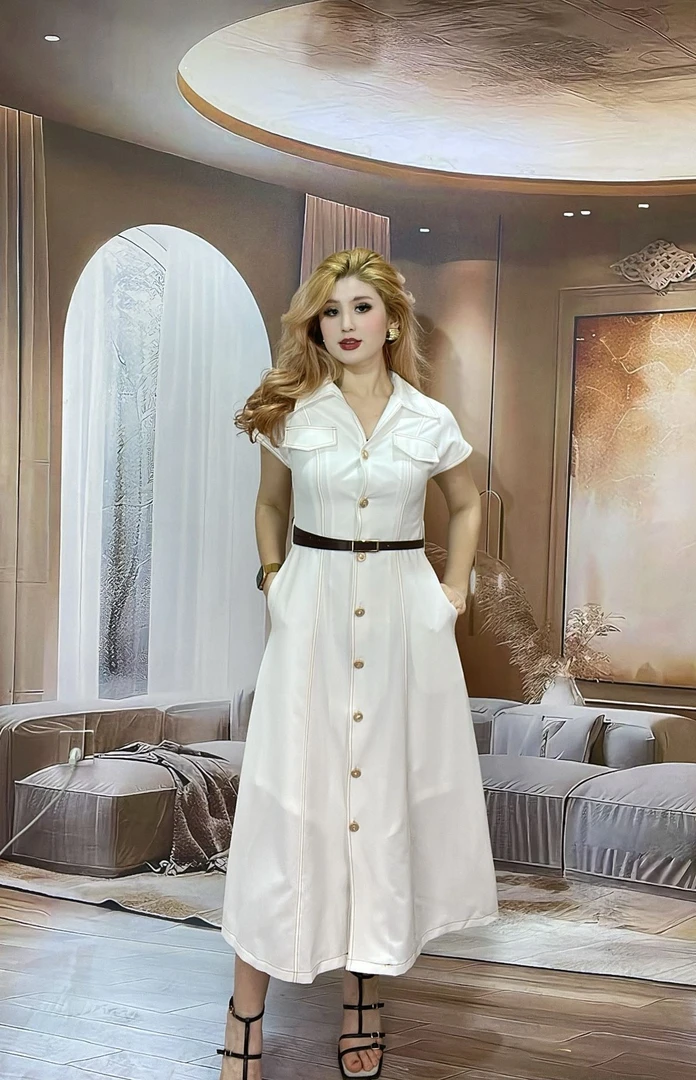 夏季无袖中腰三分袖单排扣连衣裙单排多扣意式高腰套头POLO领