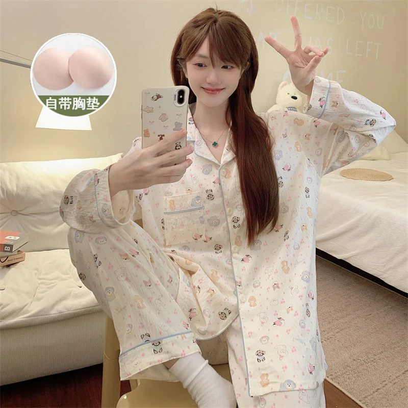 新款可爱甜美小狗睡衣女开衫长袖长裤春秋季带胸垫卡通外穿家居服