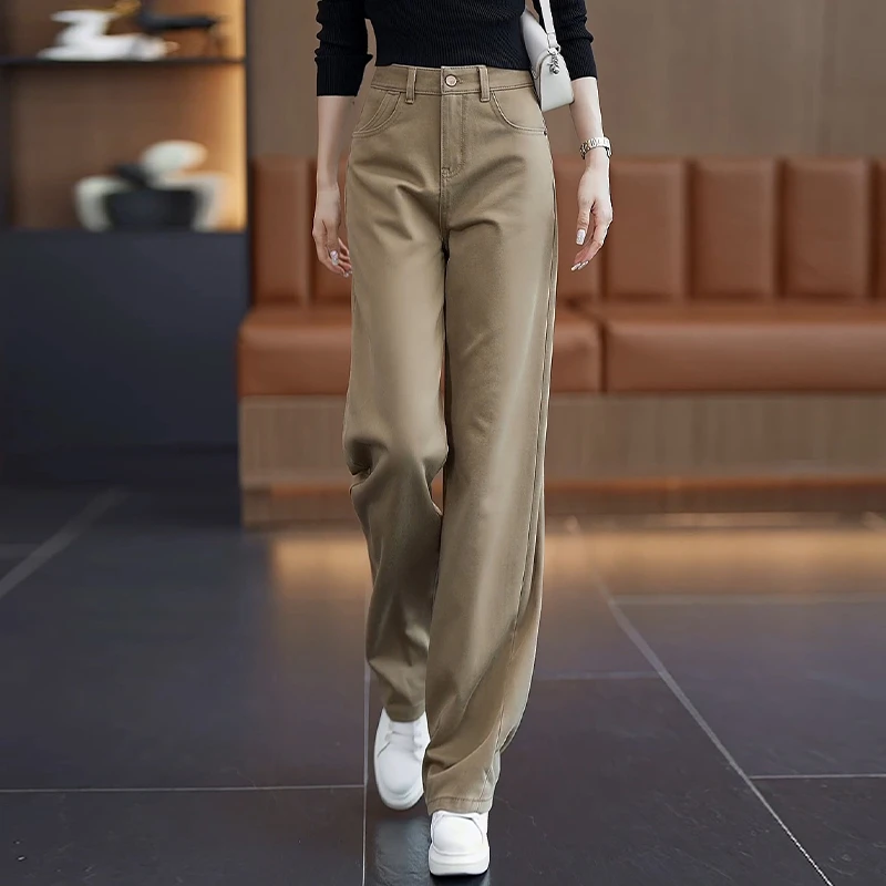 拉夏贝尔卡其色直筒牛仔裤春秋新款高腰宽松显瘦休闲窄版阔腿裤