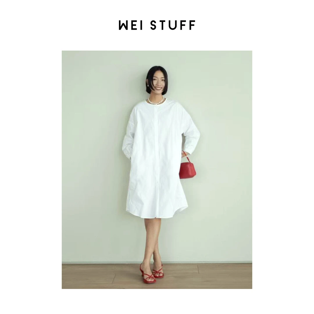 WEI STUFF 雾纱春季新款100棉时尚圆领纯色休闲套头连衣裙 8939