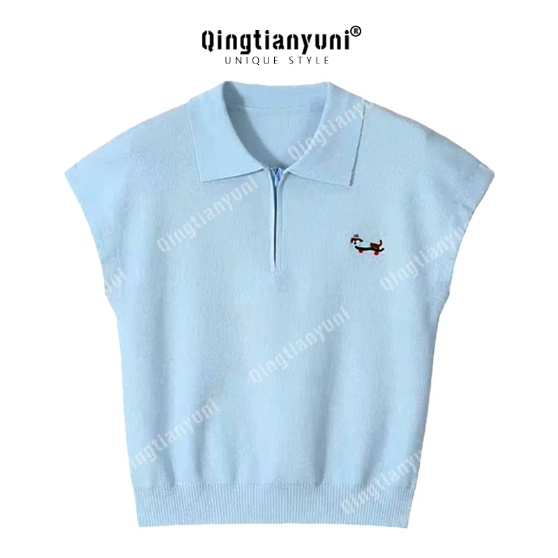 韩系百搭修身洋气翻领针织短袖T桖女夏季半拉链polo衫宽松上衣女