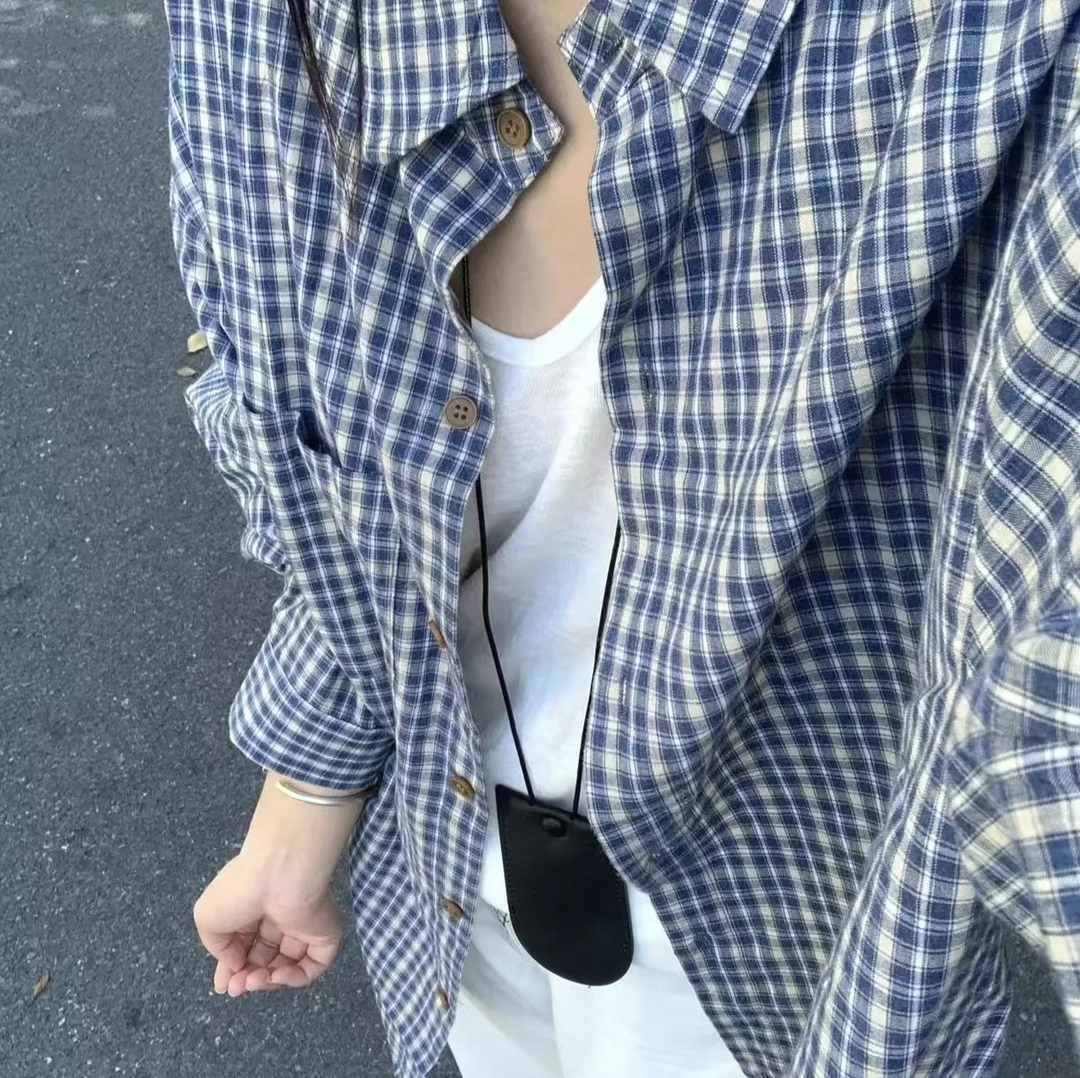 复古宽松慵懒风格子衬衫女早春新品韩版休闲简约长袖外搭通勤小衫