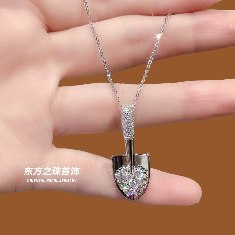 坠链均925银合成锆石 银铲铲吊坠满钻银项链不掉色不撞款时尚轻奢