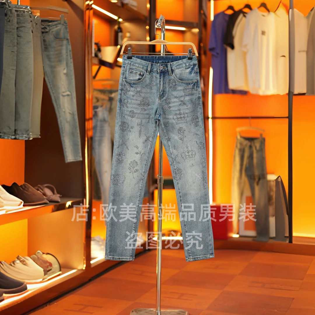 秋冬季新款高端男士欧货烫钻满天星复古蓝色牛仔裤修身弹力个性潮