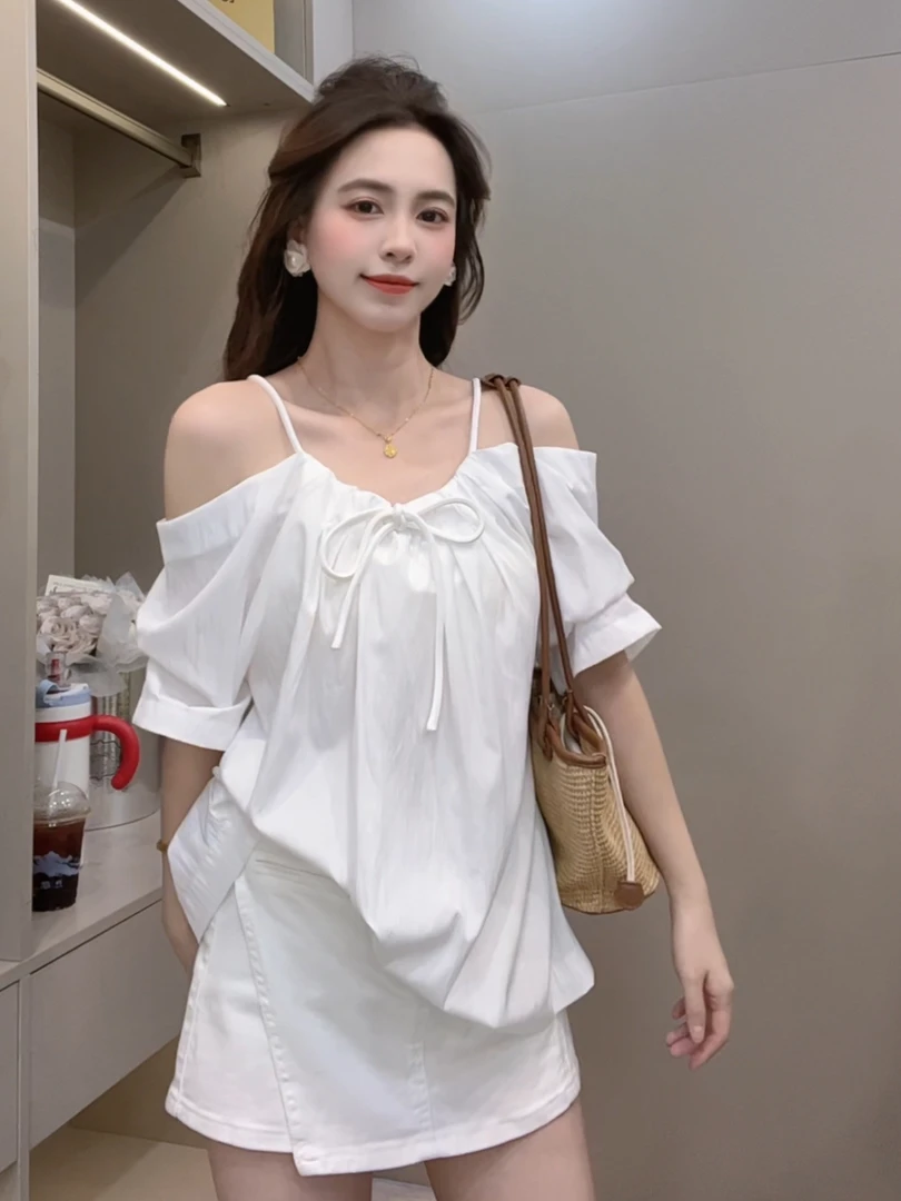 敏敏推荐【韩代泡芙】露肩上衣 可两面穿 法式纯欲露肩衬衫女夏8555