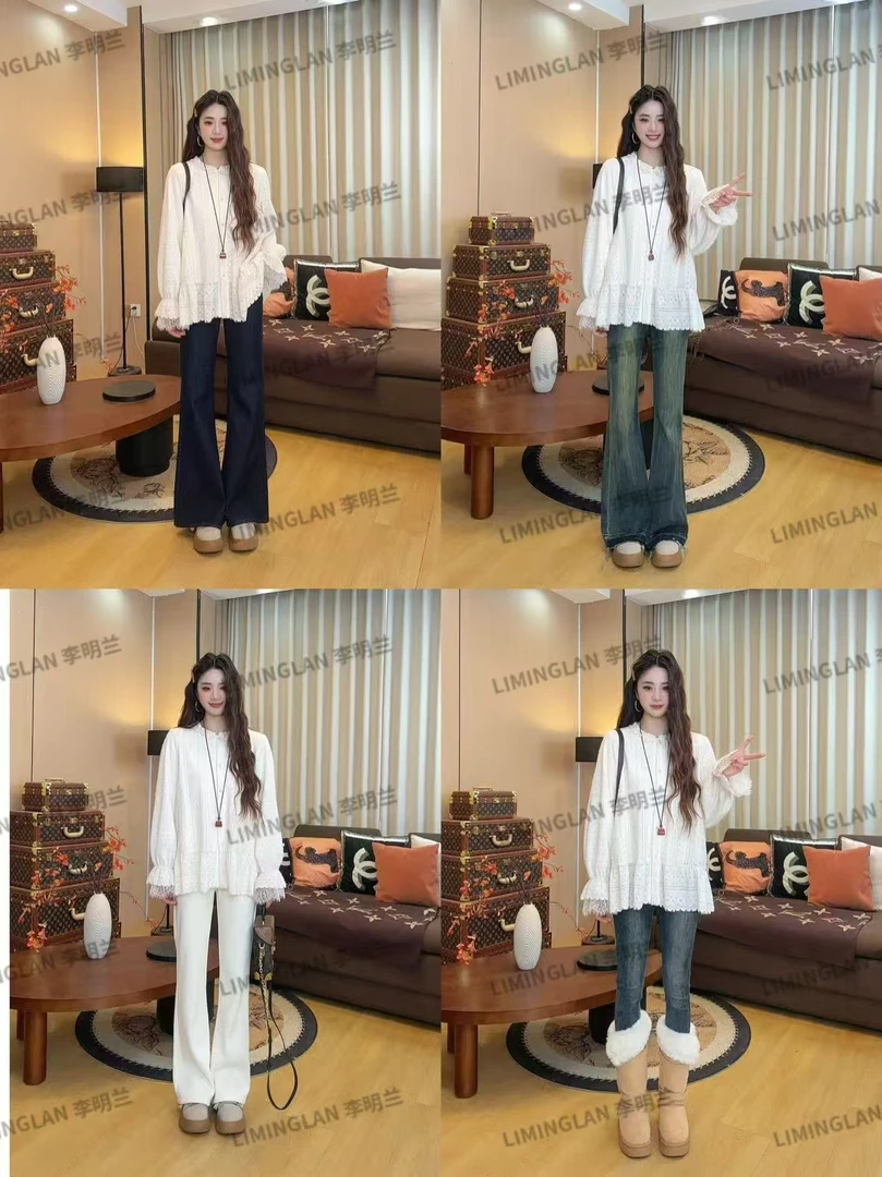 李明兰秋冬新款蕾丝加绒加厚衬衫常规款网红休闲衬衫