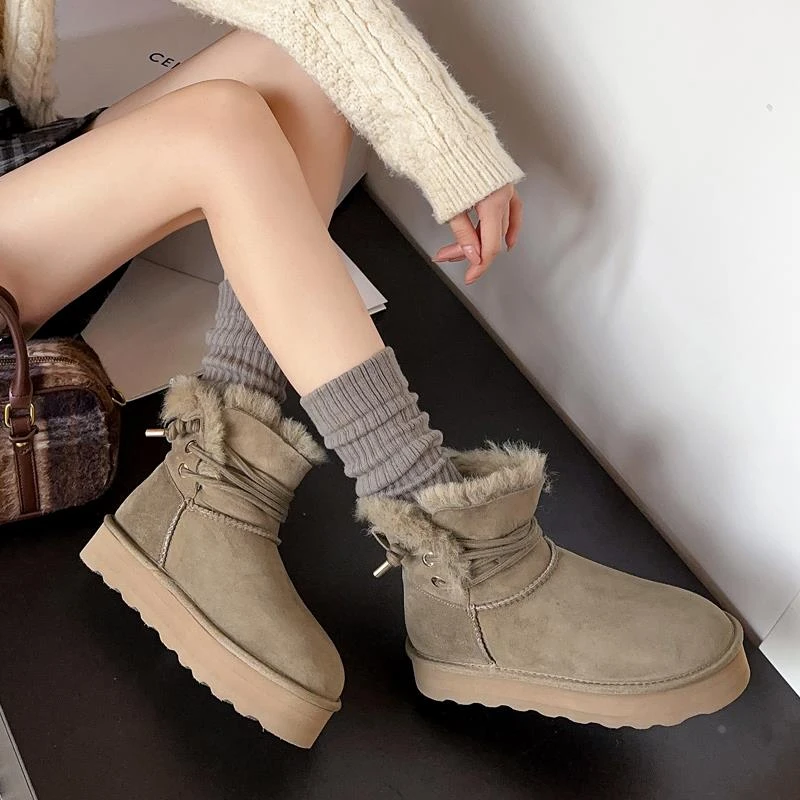 纯手工设计感绑带厚底雪地靴女大码棉鞋羊皮毛一体加绒加厚短靴