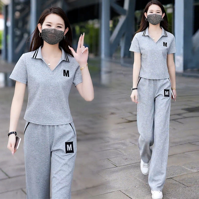 高含棉休闲运动服套装女2025年夏季新款印花上衣垂感阔腿裤两件套