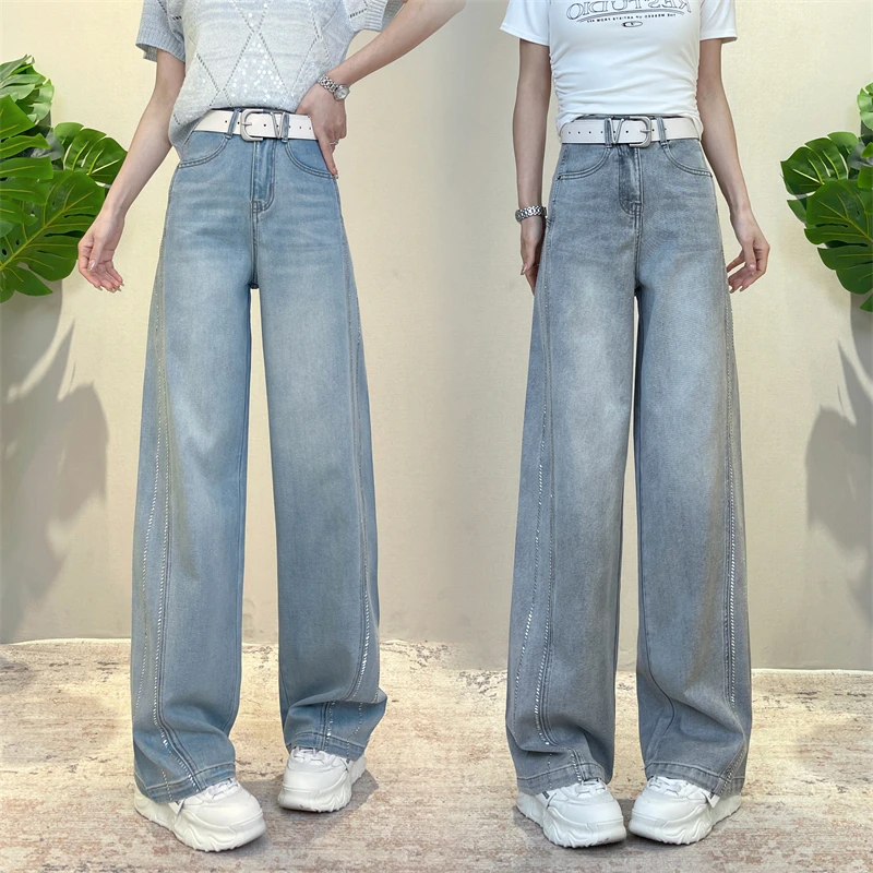 迪否小脚弯刀裤镶钻牛仔裤时尚气质百搭宽松不贴腿窄版直筒裤6055