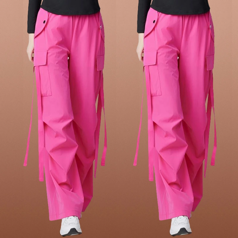 夏广场舞新款裤子速干宽松飘带高腰薄款休闲运动健身跳舞工装裤子