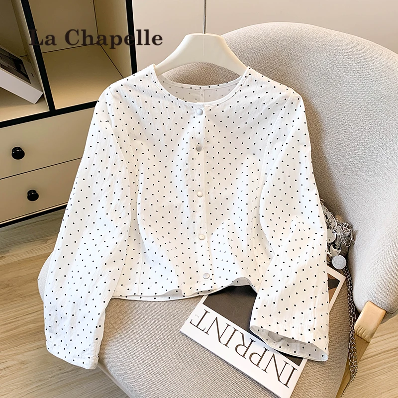 拉夏贝尔法式高级感波点长袖衬衫女2025早秋宽松显瘦休闲独特上衣