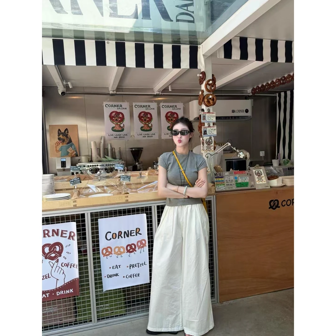 夏季套装女2025新款韩版百搭短袖T恤高级感显瘦阔腿休闲裤两件套