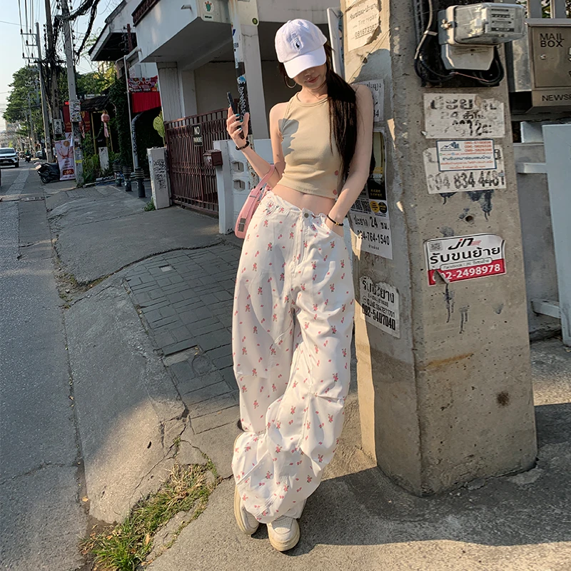 韩版夏季碎花小众直筒裤抽绳休闲裤长裤显瘦复古薄款阔腿裤高腰