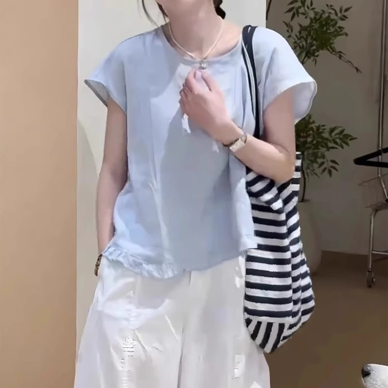 法式木耳边衬衫女夏季薄款胖MM大码女装宽松独特别致洋气短袖上衣