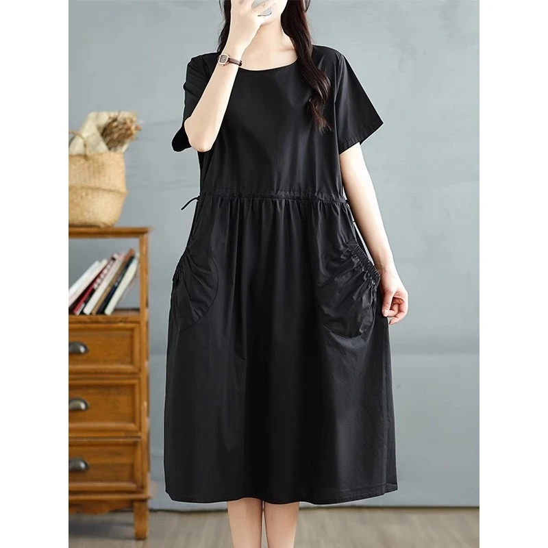 夏季短袖连衣裙女宽松显瘦2025新款气质妈妈休闲收腰中长款A字裙