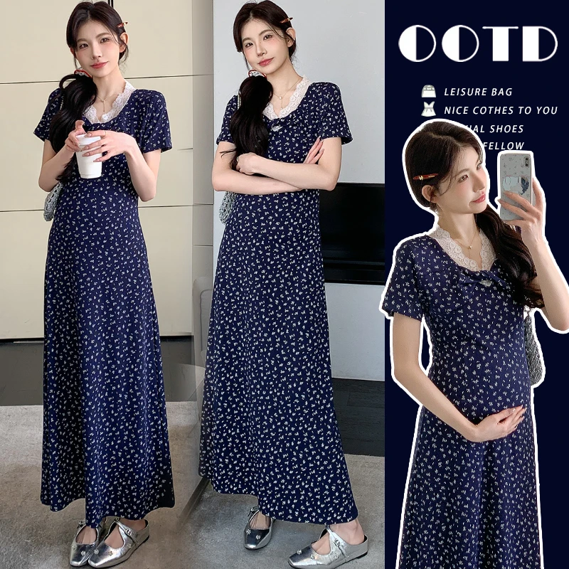 春夏季韩版高个子时尚蕾丝V领长款收腰显瘦碎花孕妇哺乳连衣裙