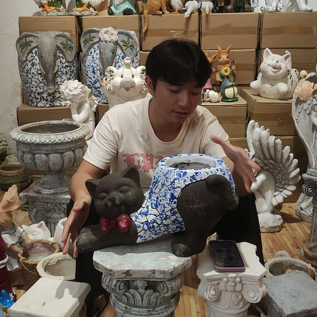 合成树脂青花猫咪花盆