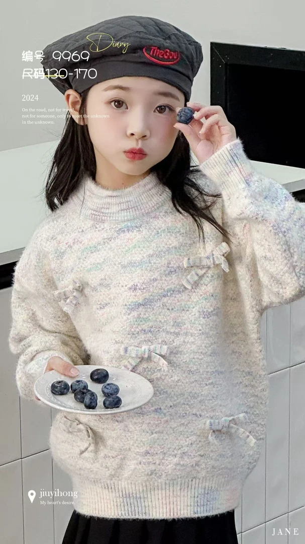 长袖女纯色毛衣针织衫圆领大童儿童打底衫加绒冬季套头韩版