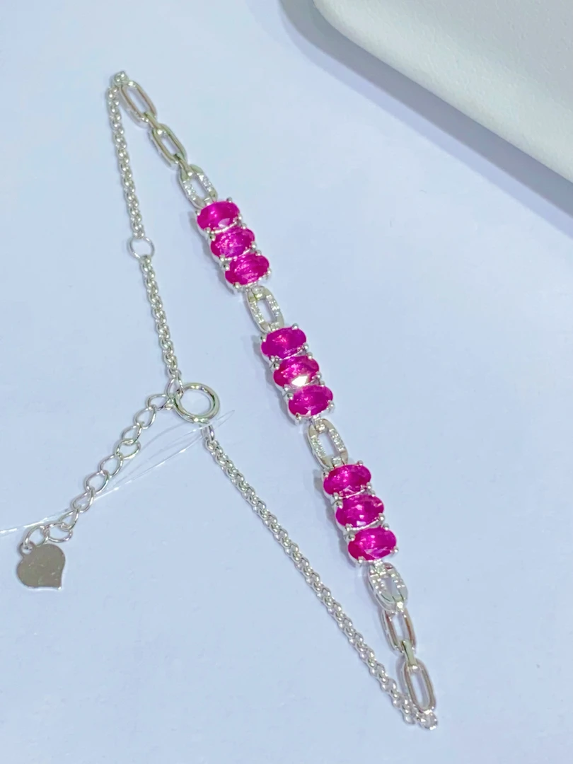 18K金镶嵌天然红宝石手链三排款 K白