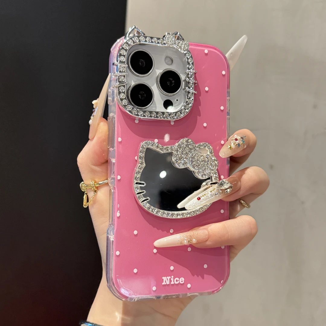 高级闪钻波点KT猫镜子适用苹果16promax手机壳iPhone15简约14新款