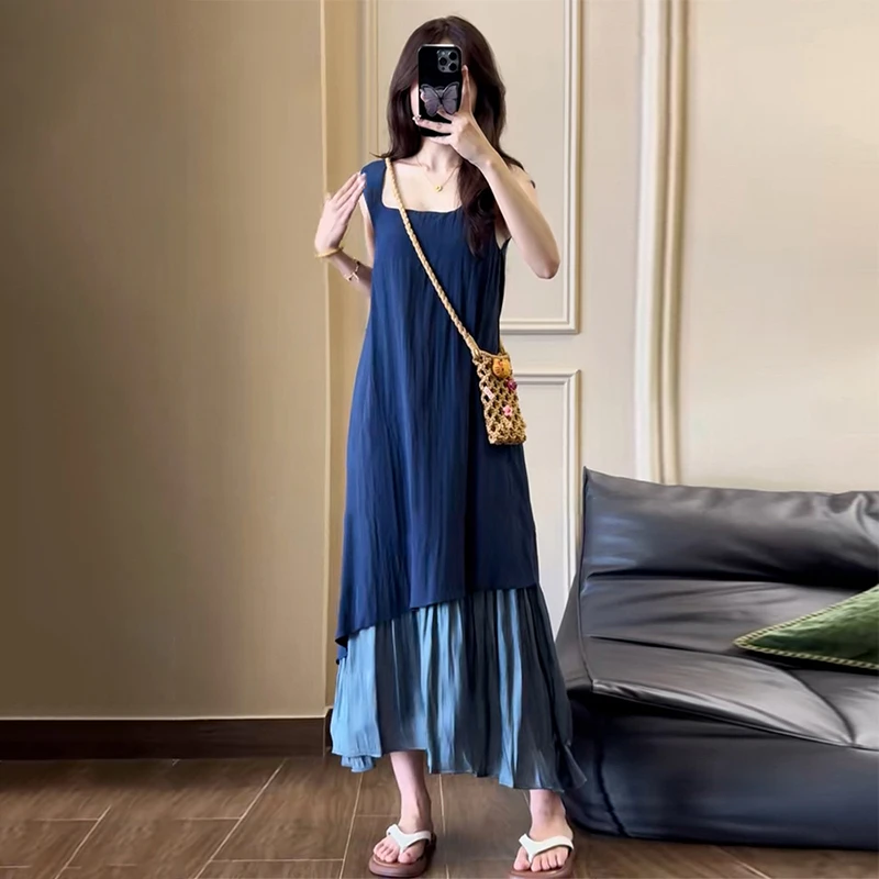 3963 法式气质不规则白色连衣裙子女夏季2024新款假两件背心长裙