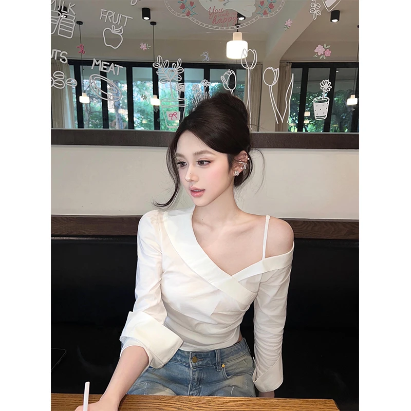 法式设计感小众白色衬衣女早秋季薄款长袖上衣露肩吊带纯欲风衬衫