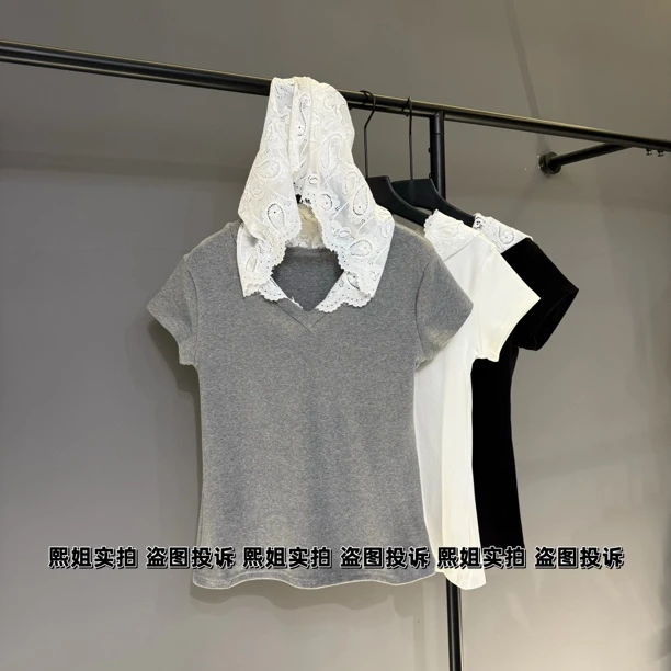 短袖T恤女连帽小衫2025春夏款设计感蕾丝拼接打底衫T恤上衣234#