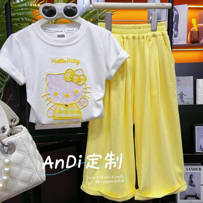 〖ANDI〗安迪订制女童夏季新款卡通刺绣亮片短袖休闲裤两件套4552
