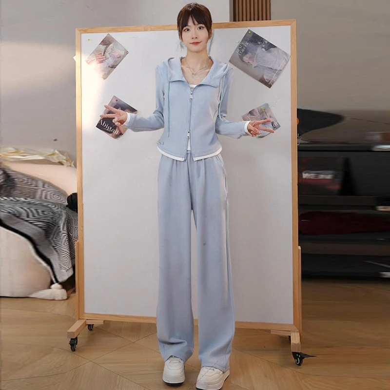 高含棉韩版时尚运动服套装女2026年春季新款连帽外套阔腿裤两件套