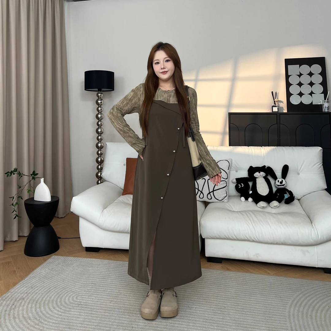 盈盈&南岛风大码女装秋款假两件吊带连衣裙女生秋季长款裙子ZBZ75