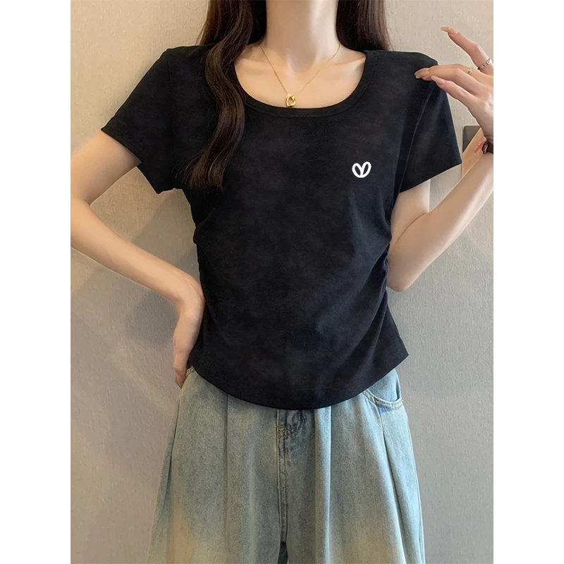 美式扎染方领正肩短袖t恤女夏2025新款不规则收腰褶皱U领洋气上衣