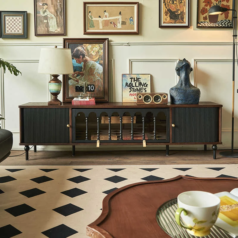 法式复古原木电视柜小户型客厅收纳储物柜一体撞色美式轻奢中古风