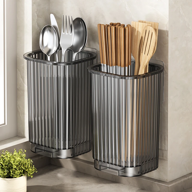 高质量筷子筒带抽拉式接水盘家用壁挂式筷笼厨房刀具勺沥水筷子筒