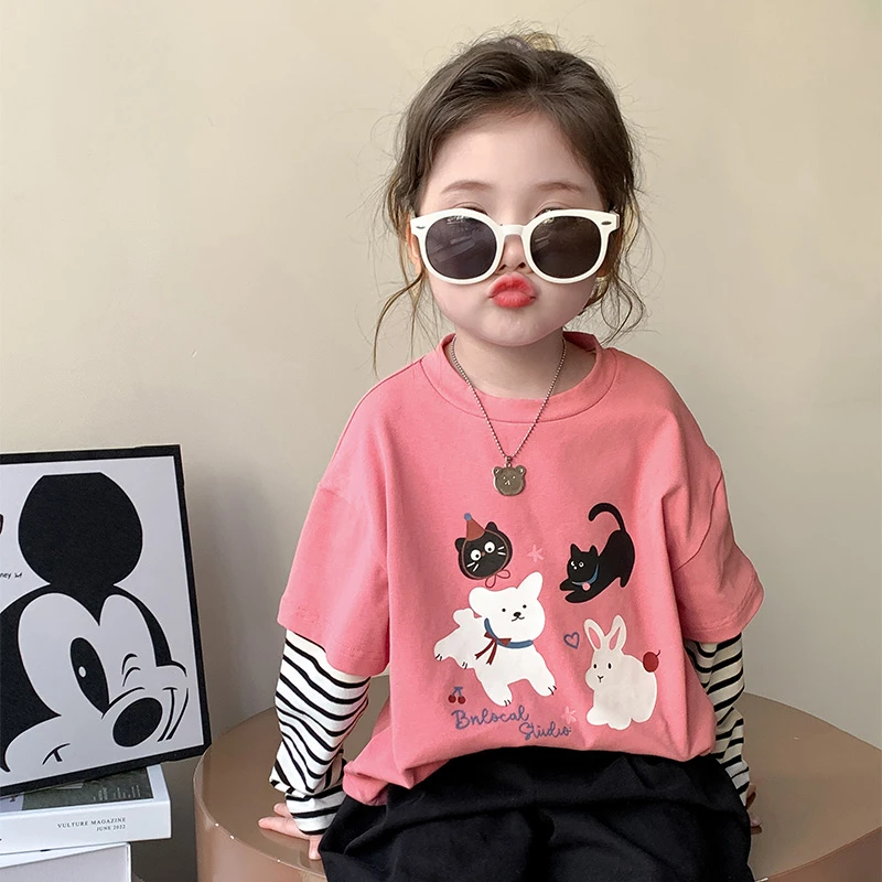 女童假两件T恤2025新款儿童春秋装韩版洋气女宝宝春季长袖打底衫