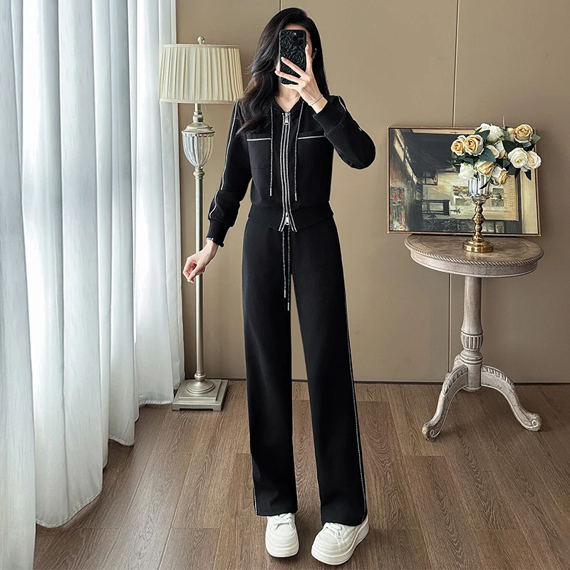 韩版休闲运动套装女春季新款高级感显瘦连帽卫衣时尚阔腿裤两件套