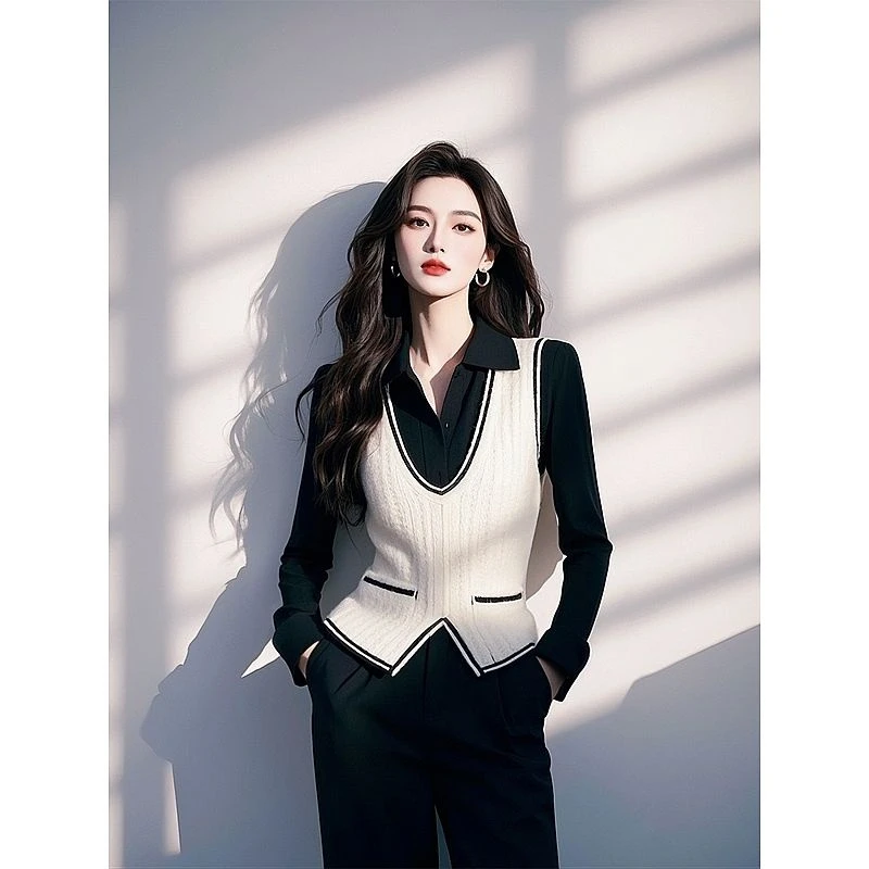 今年爆款假两件白色针织衫拼接衬衫女款2025早春新款内搭打底上衣