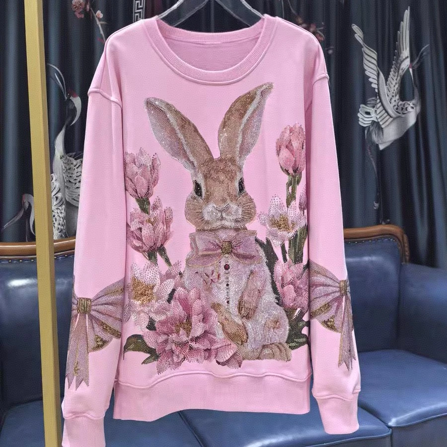 卫衣圆领拼接兔子烫钻上衣休闲春季宽松卡通女装秋冬百搭加绒