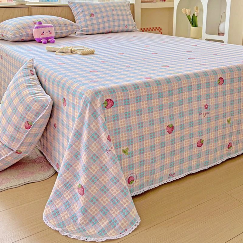 【 星星草莓】蕾丝花边双人床单老粗布四季清新三件套床单1＋枕套2