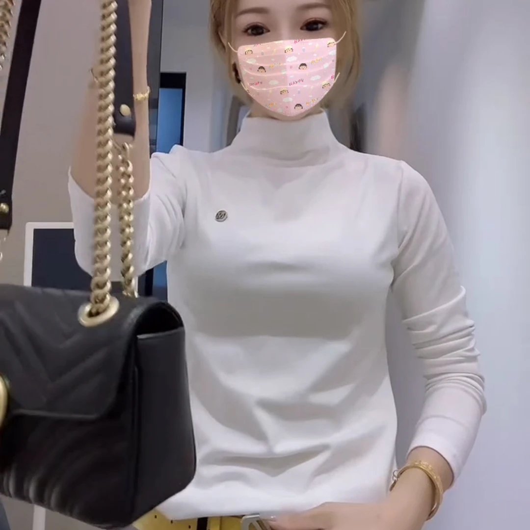 百搭显瘦几何图案白色打底衫半高领内搭拼接长袖T恤纯色修身1180