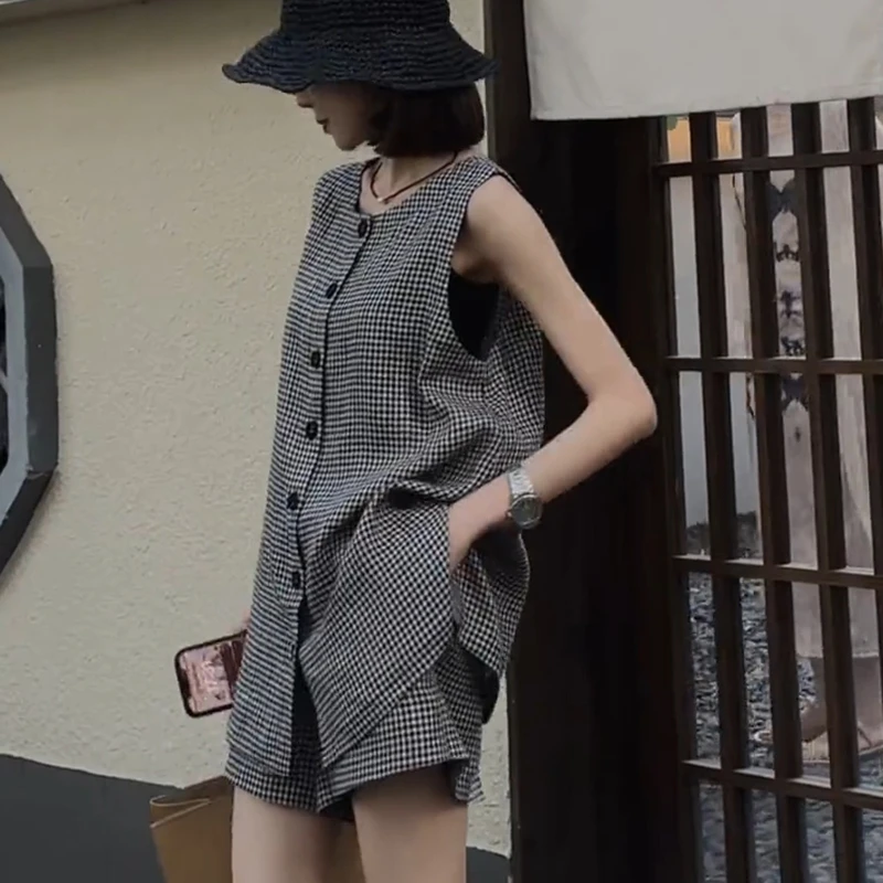 哥弟阿玛施正品夏装搭配一整套女夏时尚高级感气质黑白格子马甲背