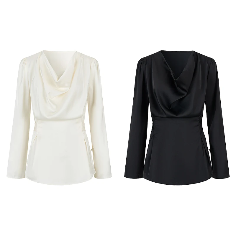 白色衬衫女2025春秋新款荡领入春高档锻面女士上衣高档衬衫设计感