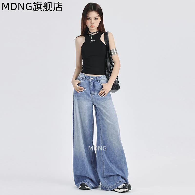 水洗蓝高街阔腿牛仔裤女夏薄款高腰宽松显瘦慵懒风拖地做旧直筒裤