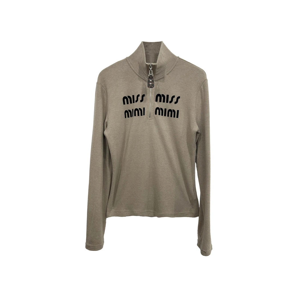 89燕麦秋冬长袖拉链英文打底上衣87282