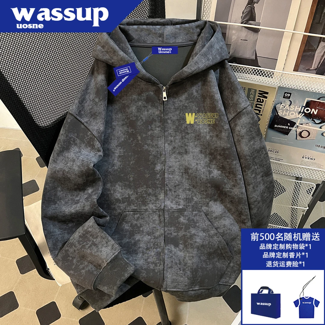 美式复古蜡染连帽开衫男生2025新款hiphop小众设计感宽松卫衣外套