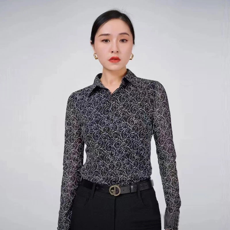 哥弟阿玛施正品2025秋装新款修身翻领弹力印花网纱衬衣长袖衬衫女